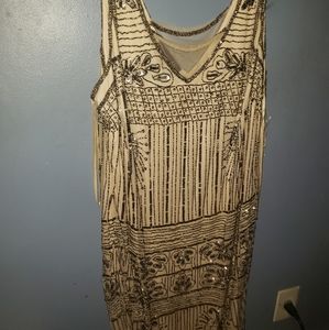 Nude, beaded, knee length, v-neck dress - size 16
